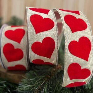Red Flocked Hearts Wired Ribbon 2.5 inch Farrisilk Holiday Craft Supplies